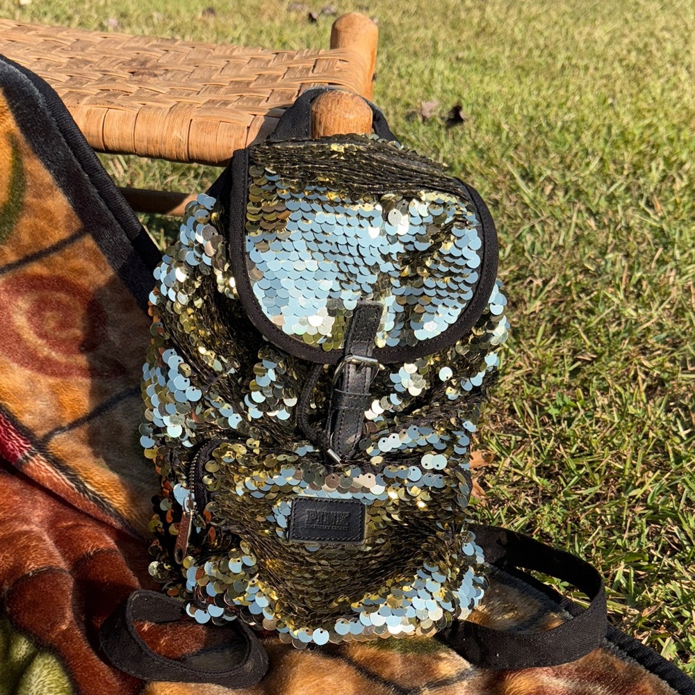 PINK Victoria's Secret Sequin Backpack in Gold and Black